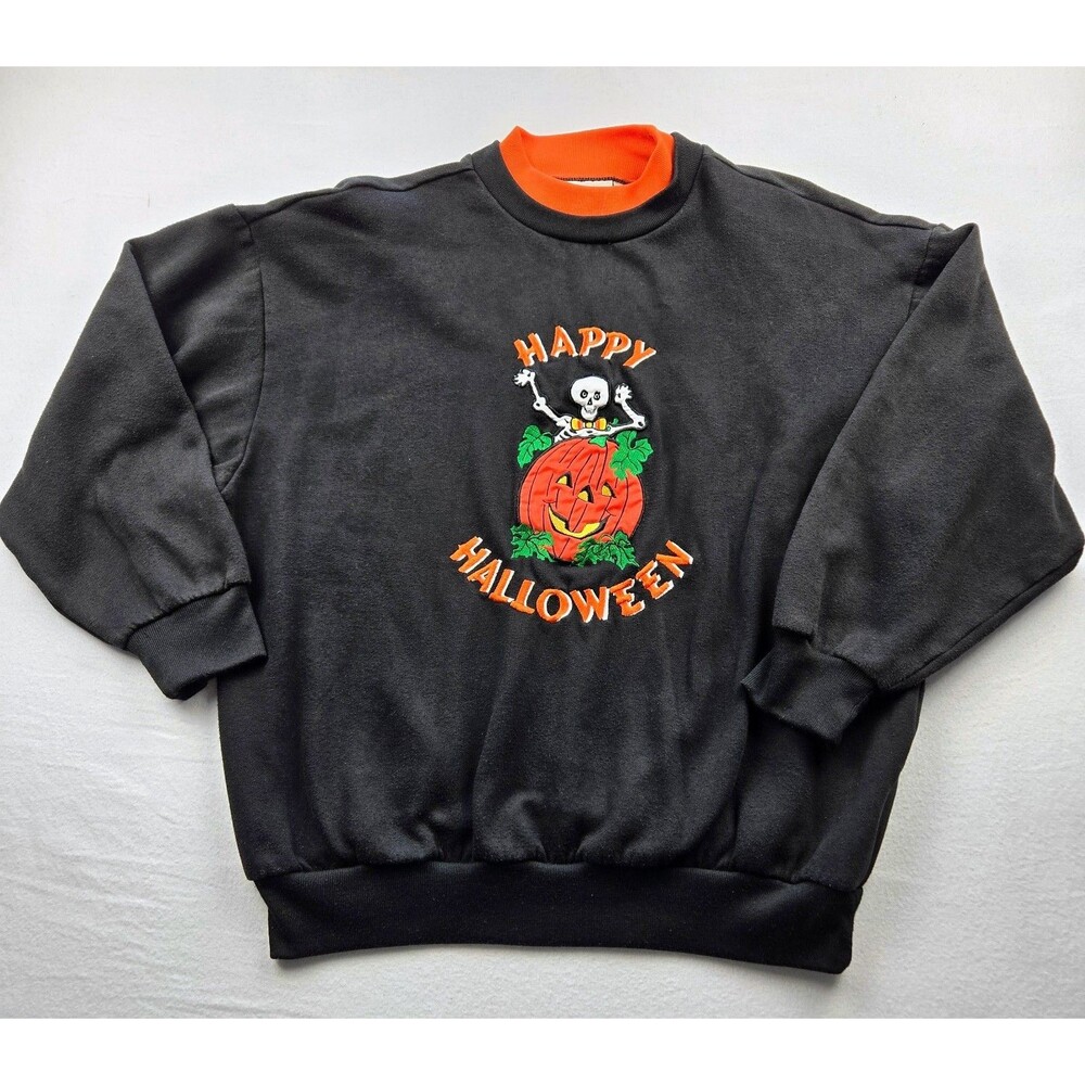Vintage Basic Editions Halloween Sweatshirt L Skeleton Pumpkin Embroidered 90s